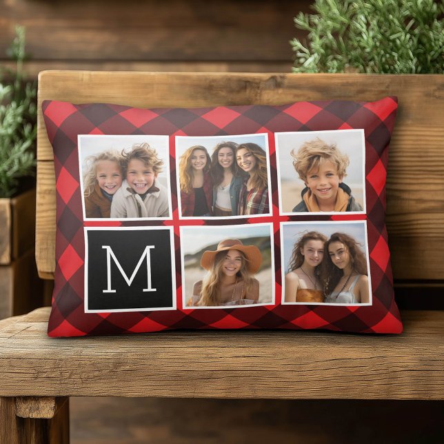 Fotolage - Monogram Red Black Buffalo Kariert Dekokissen (Custom Photo Pillow)