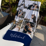 Fotolage Navy Modernes Monogramm Strandtuch<br><div class="desc">Lassen Sie sich von diesem persönlichen Strandtuch verzaubern,  das Ihnen 6 Fotos von Ihrer Hochzeit oder Ihrer Familie zeigt. Der untere Teil hat einen Marineblock,  in dem Sie Ihren Vor- oder Nachnamen eingeben können.</div>