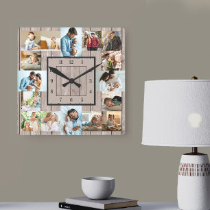 Fotomontage 16 Bilder helles Holz nummeriert Quadratische Wanduhr
