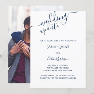 Fotopostponierungskarte Blaue Schrift Hochzeitsupd Einladung