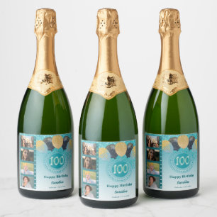 Fotos, 100. Geburtstag Aquamarin Blue Glitzer Cham Schaumweinetikett