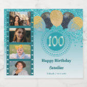 Fotos, 100. Geburtstag Aquamarin Blue Glitzer Cham Schaumweinetikett (Einzelnes Label)