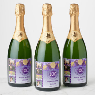 Fotos, 100. Geburtstag Lila Glitzer Champagne Schaumweinetikett