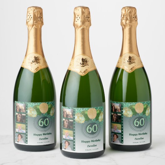 Fotos, 60. Geburtstag Grüner Glitzer Champagne Schaumweinetikett (Flaschen)