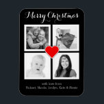 Fotos der Familie nach Maß frohen Weihnachten Magnet<br><div class="desc">Fügen Sie 4 Ihrer Lieblingsfotos zu diesem personalisierten Flexi-Magneten hinzu. Vier quadratische Zuschnitte sind hübsch gerahmt in schlichten weißen Quadraten, mit einem kleinen roten Herz in der Mitte und fließendem Text in weißem Schriftzeichen-Stil auf der Oberseite, der Frohe Weihnachten sagt. Ideal für Instragfotografen. Beispiel-Fotos sind öffentlich oder gekaufte Grafiken nur...</div>