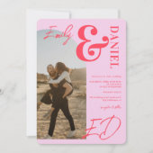 Fotos fett Namen Skriptbogen Retro rosa Hochzeit Einladung (Vorderseite)