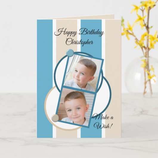 Fotos mit blauer Creme und weißen Streifen Geburts Karte (Gelbe Blume)