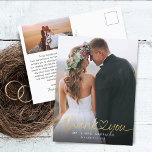 Fotos mit Goldhandschrift für Hochzeiten Vielen Da Postkarte<br><div class="desc">Elegante und einfache Hochzeit danke Ihnen Vorlage Postkarte mit handgeschriebenen Typografie-Skript-Text mit einem Herz zwischen den Wörtern in den Imitaten Golddruck. Fügen Sie Ihr Lieblings-Foto voll bluten vorne und ein anderes Foto auf der Rückseite mit der Standardmeldung auf der Rückseite,  die editierbar ist.</div>