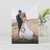 Fotos mit handgeschriebenem Gold Script Dankeskarte (Stehend Vorderseite)