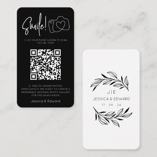 Fotos QR Code Black Chic Moderne Hochzeit Platzkarte (Vorne/Hinten)