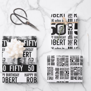Fotos zum 50. Geburtstag sind mono Schwarz-weiß Geschenkpapier Set