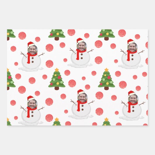 Fotoschneemann mit lustigen Packpapierblättern Geschenkpapier Set (Vorderseite)