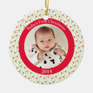 Fotoverzierung des Stechpalmenbeerenbabys erste Keramikornament