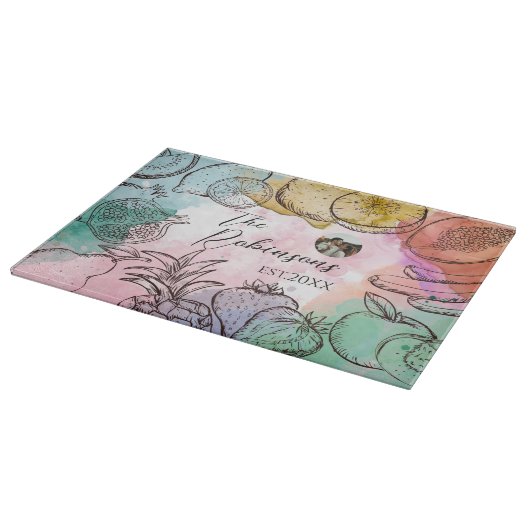 Fotovorlage Wasserfarbenfrucht Schneidebrett (Ecke)