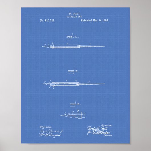 Fountain Pen 1893 Patent Art Blueprint Poster (Vorne)