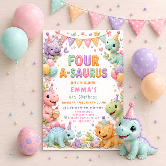 Four-A-Saurus 4. Geburtstagsfeier Mädchen Dinosaur Einladung