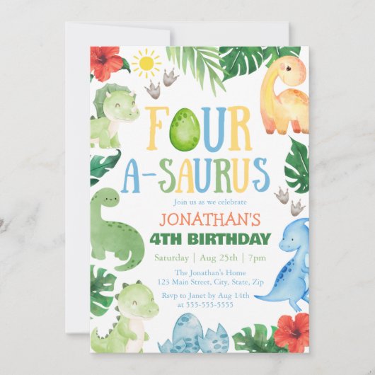Four A-Saurus Dino 4th Birthday Einladung (Vorderseite)
