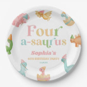 Four A-Saurus Dinosaur 4th Fourth Birthday Party Pappteller (Vorderseite)