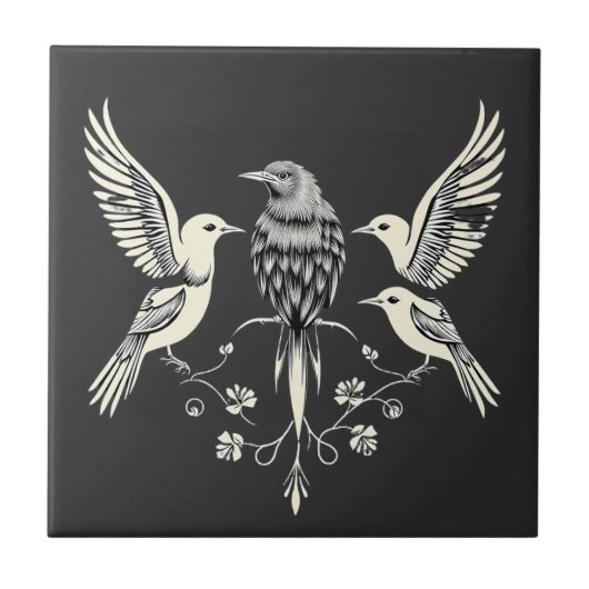 Four Birds on a Branch Illustration Fliese (Vorderseite)