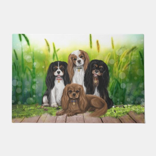 Four Cavalier King Charles Spaniels in Blume Do Fußmatte (Vorderseite)