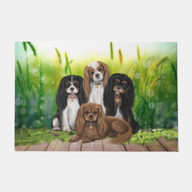 Four Cavalier King Charles Spaniels in Blume Do Fußmatte (Vorderseite)