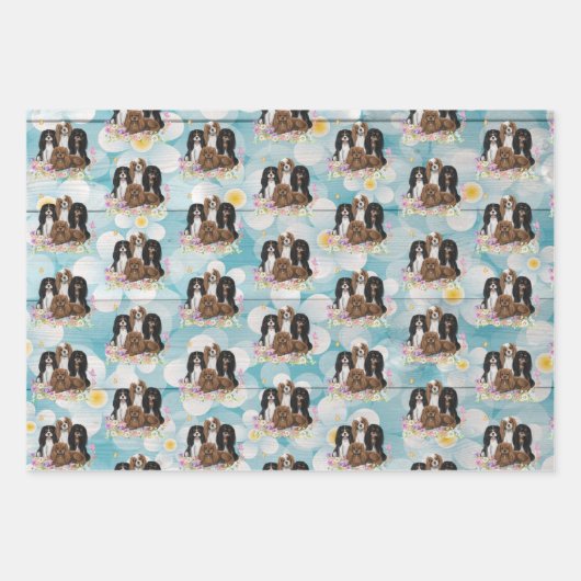 Four Cavalier King Charles Spaniels in Blume Geschenkpapier Set (Vorderseite)