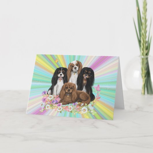 Four Cavalier King Charles Spaniels in Blume Karte (Vorderseite)