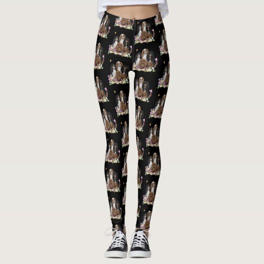 Four Cavalier King Charles Spaniels in Blume     Leggings (Vorderseite)