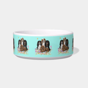 Four Cavalier King Charles Spaniels in Blume Napf