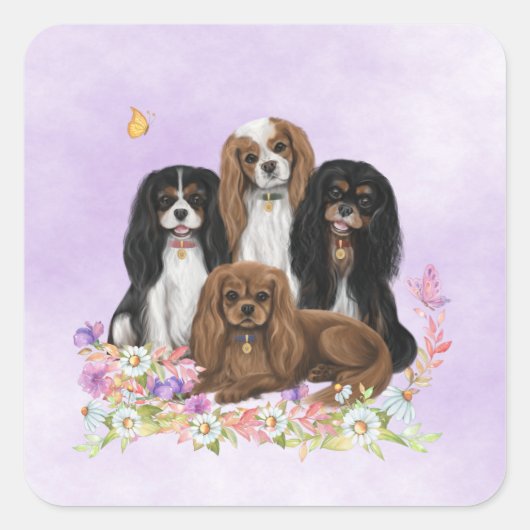 Four Cavalier King Charles Spaniels in Blume Quadratischer Aufkleber (Vorderseite)