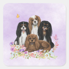 Four Cavalier King Charles Spaniels in Blume Quadratischer Aufkleber