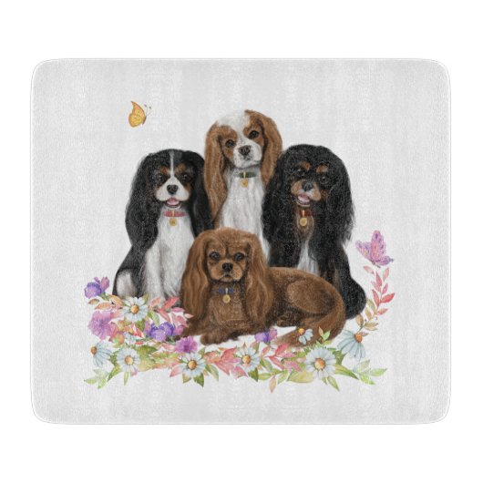 Four Cavalier King Charles Spaniels in Blume   Schneidebrett (Vorderseite)