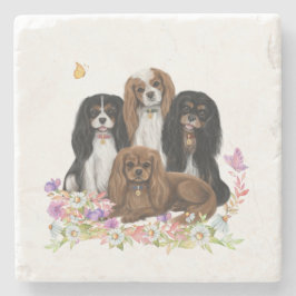 Four Cavalier King Charles Spaniels in Blume    Steinuntersetzer