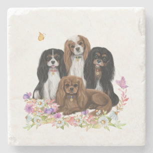 Four Cavalier King Charles Spaniels in Blume    Steinuntersetzer