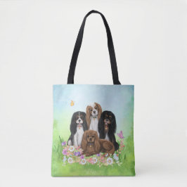 Four Cavalier King Charles Spaniels in Blume   Tasche