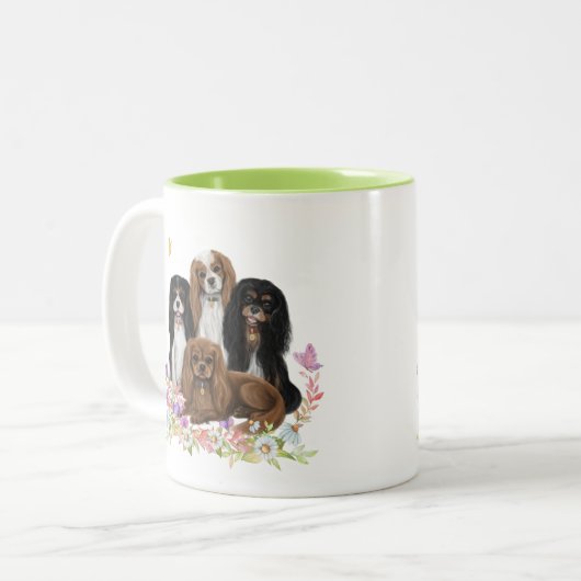 Four Cavalier King Charles Spaniels in Blume Zweifarbige Tasse (Vorderseite Links)