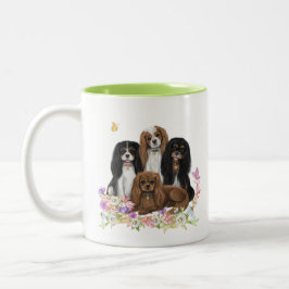 Four Cavalier King Charles Spaniels in Blume  Zweifarbige Tasse