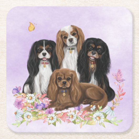 Four Cavalier King Charles Spaniels in Flowers Rechteckiger Pappuntersetzer (Vorderseite)