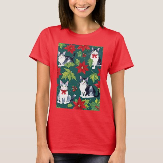 Four Christmas Cats And Poinsettias T-Shirt (Vorderseite)