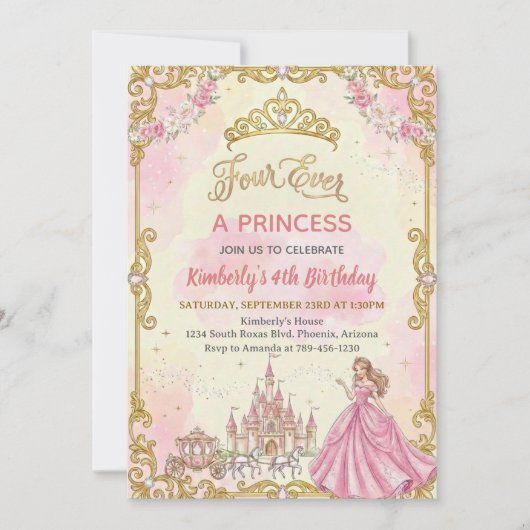 Four Ever A Princess Pink Girl 4th Birthday Party Einladung (Vorderseite)