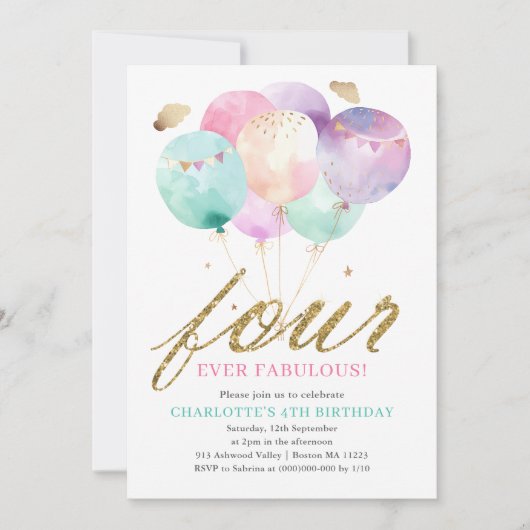 Four Ever Fabulous Balloon 4th Birthday Einladung (Vorderseite)