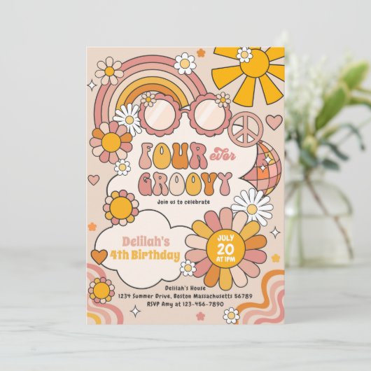 Four Ever Groovy 70s Flower Power Rainbow Birthday Einladung (Stehend Vorderseite)