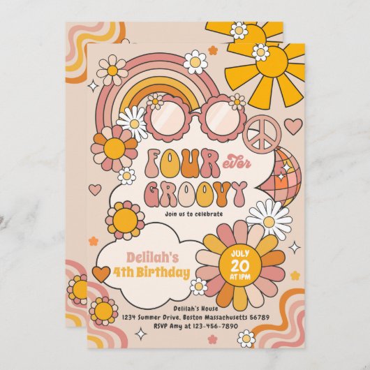 Four Ever Groovy 70s Flower Power Rainbow Birthday Einladung (Vorne/Hinten)