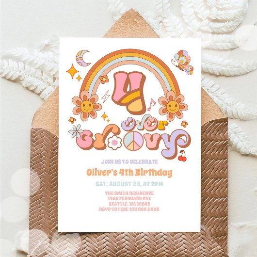 Four Ever Groovy Retro 4th Birthday Invitation Einladung