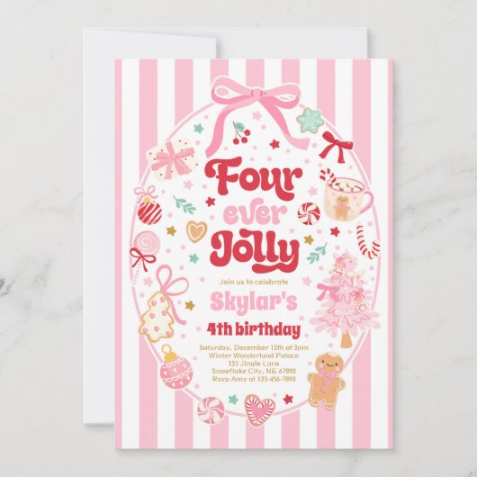 Four Ever Jolly Christmas Bow 4th Birthday Einladung (Vorderseite)