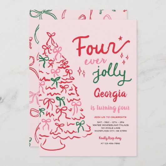 Four Ever Jolly Coquette Christmas 4th Birthday Einladung (Vorne/Hinten)