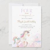 Four Ever Magical Pastel Unicorn 4th Birthday Einladung (Vorderseite)