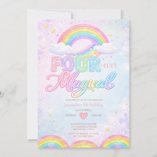 FOUR EVER Magical Rainbow 4th birthday invitation Einladung (Vorderseite)