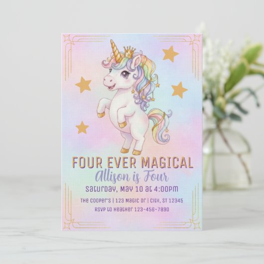Four Ever Magical, Unicorn 4th Birthday Einladung (Stehend Vorderseite)