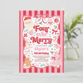 Four Ever Merry Christmas Bow 4th Birthday Einladung (Stehend Vorderseite)